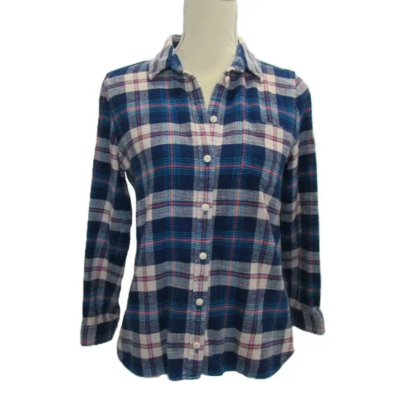 J. Crew Womens 10P Flannel Plaid Button Up Blue Coral Cotton Long Sleeve - Picture 7 of 15